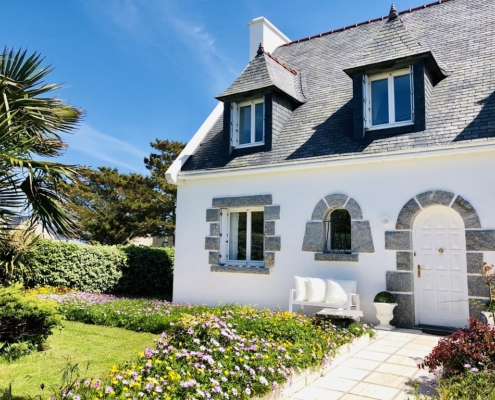 Brittany Beach Holiday Villa, whitewashed pretty villa with path to front door and cottage garden