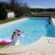 Turquoise swimming pool with unicorn float and child jumping in.