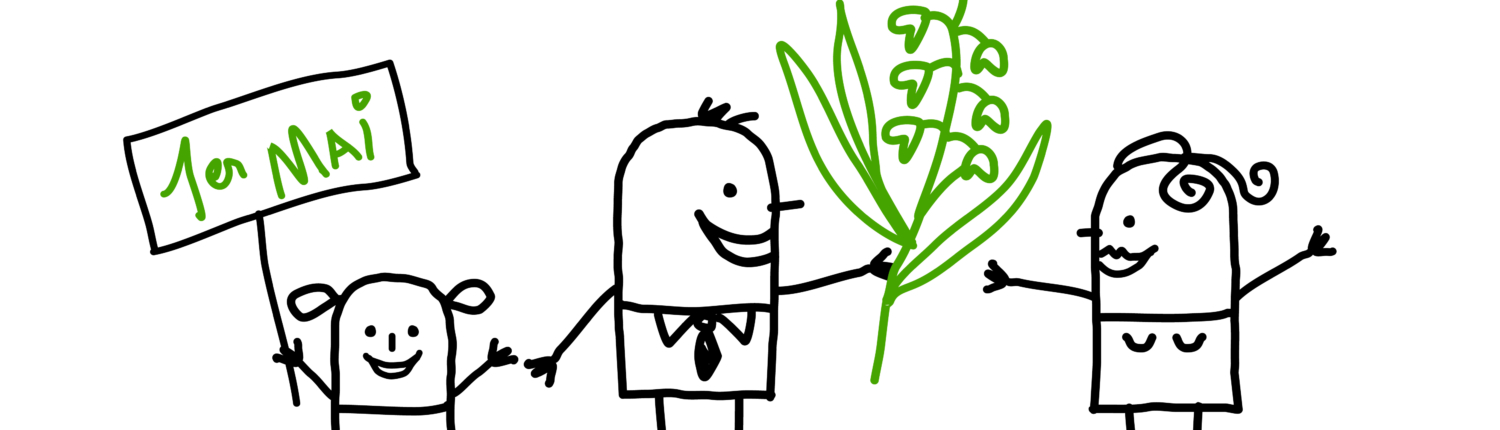 Cartoon drawing of a small child holding hands with a male who is giving some lily of the valley flowers to a femle. The small child is holding a sign which says 1 Mai